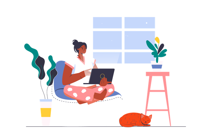 Freelance girl working at home with free schedule  Illustration