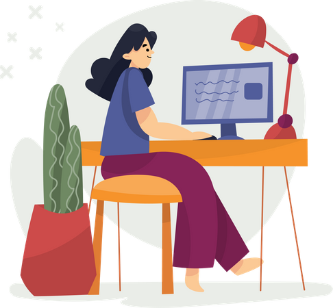 Freelance Girl Working with PC  Illustration