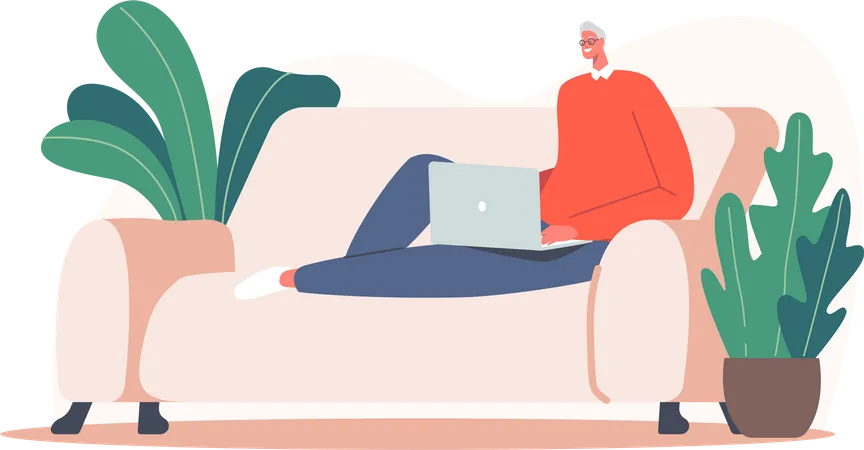 Senior Relaxed Man Freelancer Working On Laptop Sitting Cozy Couch Freelance Outsourced Employee Occupation Business Working Activity Online Job Virtual Communication Cartoon Vector Illustration Illustration