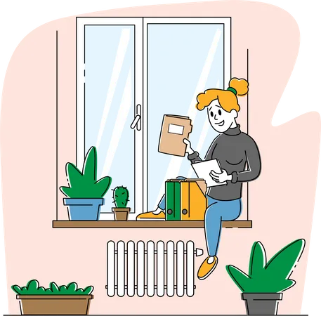 Homeworking Place Working Activity Freelancer Woman Character Sitting On Windowsill Work With Papers Docs At Home Freelance Outsourced Employee Occupation Isolation Linear Vector Illustration Illustration