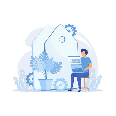 Freelance programming. Programmer cartoon character working with laptop, sitting in armchair. Freelancing, work from home, self-employed. Illustration