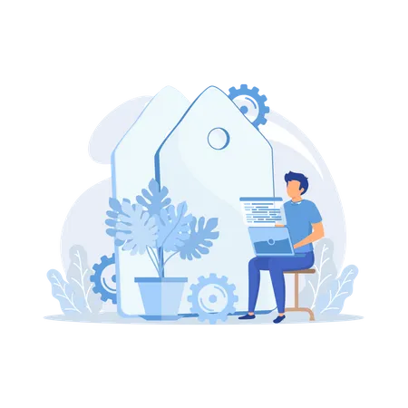 Freelance programming. Programmer cartoon character working with laptop, sitting in armchair. Freelancing, work from home, self-employed.  Illustration