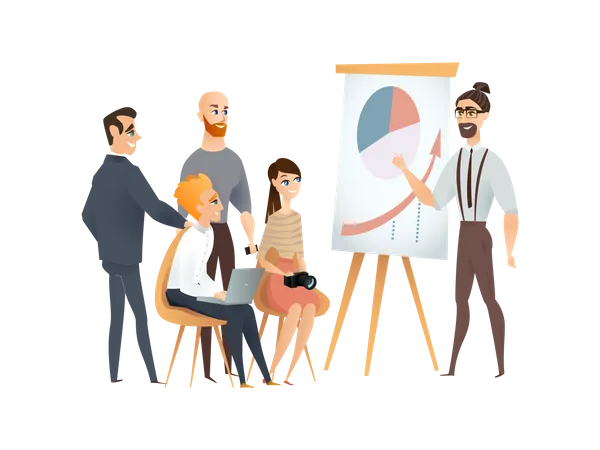 Freelance Team Meeting and Presentation at Modern Co-working Studio Illustration