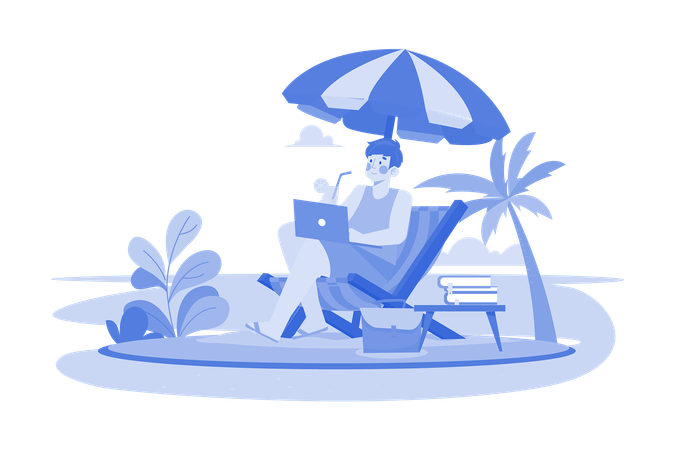 Freelancer trabajando en la playa.  Ilustración