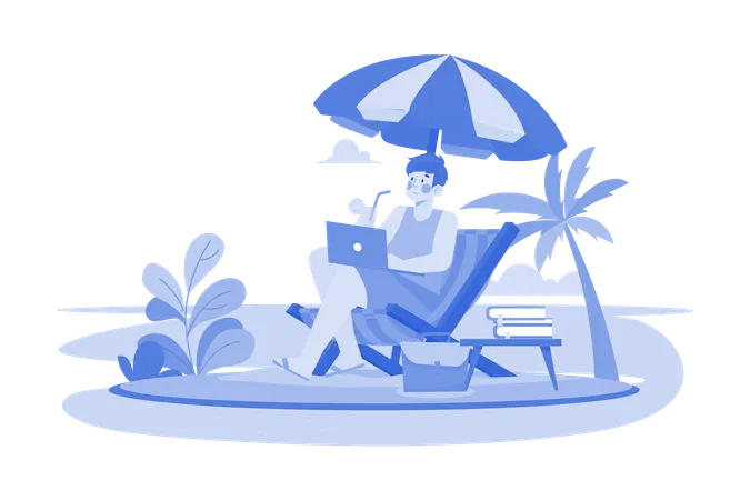 Freelancer trabajando en la playa.  Ilustración