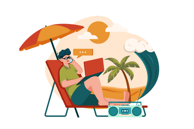 Freelancer trabajando en la playa.  Ilustración