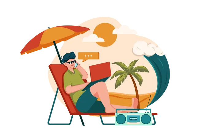 Freelancer trabajando en la playa.  Ilustración