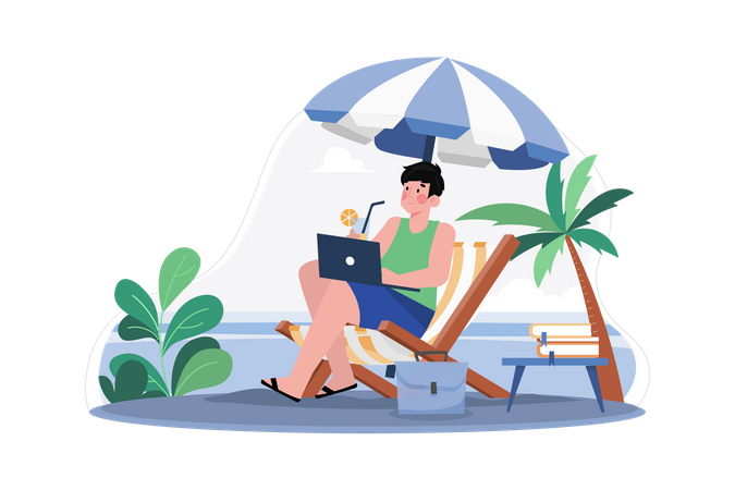 Freelancer trabajando en la playa.  Ilustración