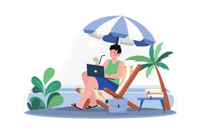 Freelancer trabajando en la playa.  Ilustración