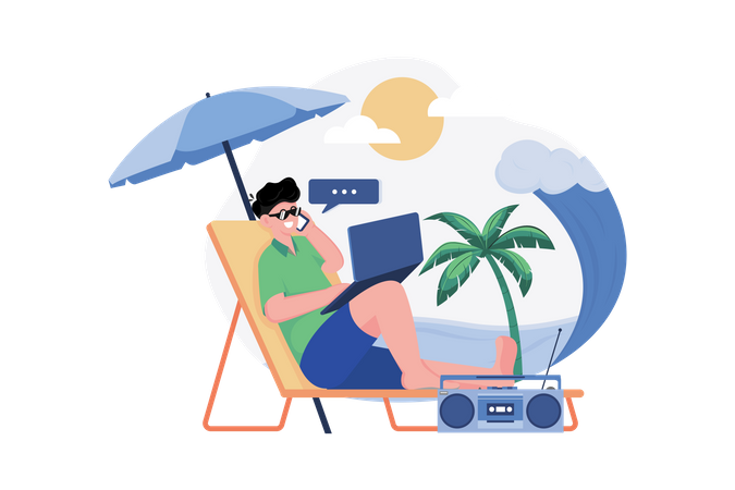 Freelancer trabajando en la playa.  Ilustración