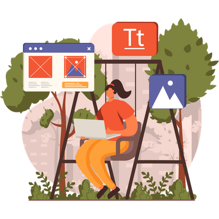 Freelance travaillant sur la mise en page du site Web au parc  Illustration