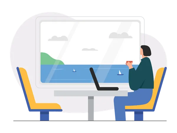 Freelance travaillant sur un ordinateur portable dans le train  Illustration