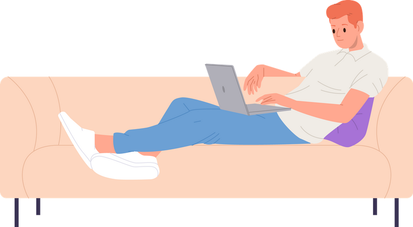 Homme indépendant détendu sur un canapé à l'aide d'un ordinateur portable regardant un webinaire  Illustration