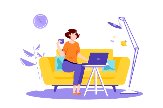 Freelance woman working from home  イラスト