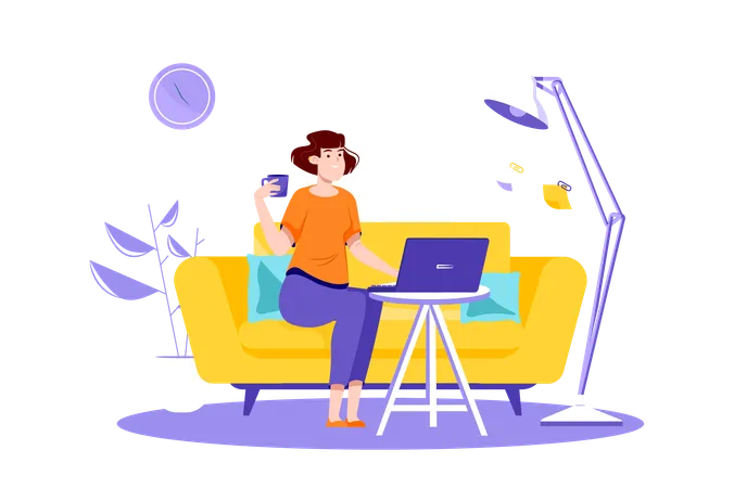 Freelance Working Violet Concept With People Scene In The Flat Cartoon Design A Woman Works On A Laptop At Home And Earns Money Vector Illustration イラスト