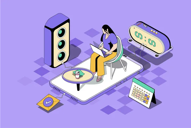 Freelance Work Concept In 3 D Isometric Design Woman Work As Freelancer At Home Office Doing Tasks Remotely And Communicating Online Vector Illustration With Isometry People Scene For Web Graphic Illustration