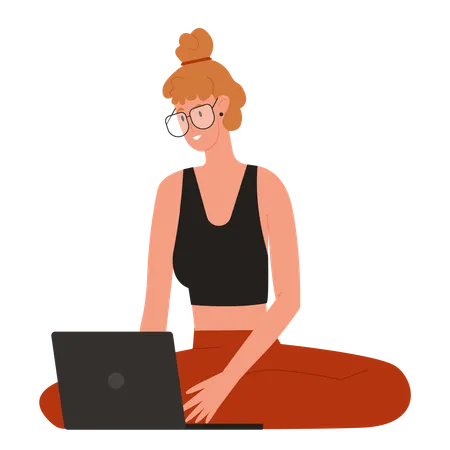 Freelance Work In Home Office Remote Job Vector Illustration Cartoon Girl Freelancer Character Sitting On Floor Working With Laptop Young Woman Student Studying In Living Room Workplace Background Illustration