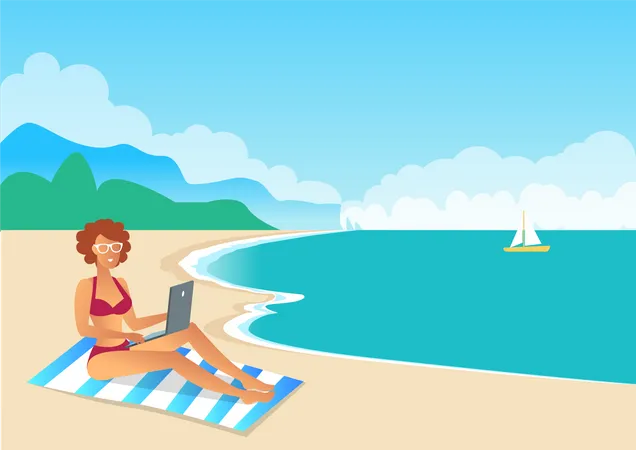Freelance Worker On Exotic Resort Colorful Card Text Sample Pretty Woman With Grey Laptop Laying On Striped Beach Towel Cute Seascape Bright Day 일러스트레이션