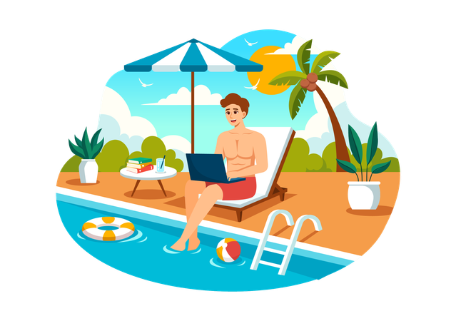 Freelance Workers Relaxing by the Swimming Pool  イラスト