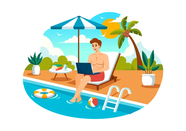 Freelance Workers Relaxing by the Swimming Pool  イラスト