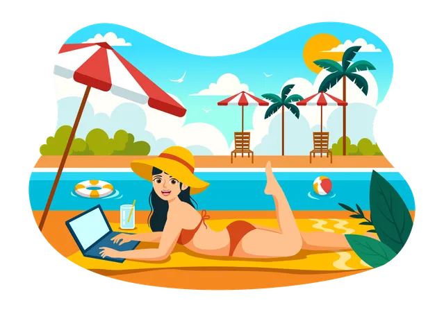 Freelance Workers Relaxing by the Swimming Pool  Illustration