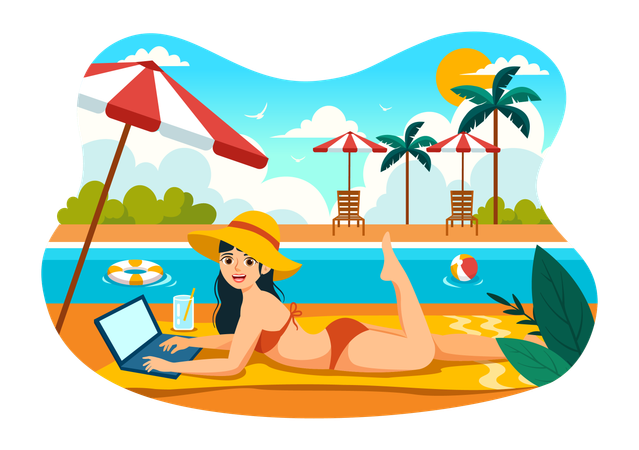 Freelance Workers Relaxing by the Swimming Pool  Illustration