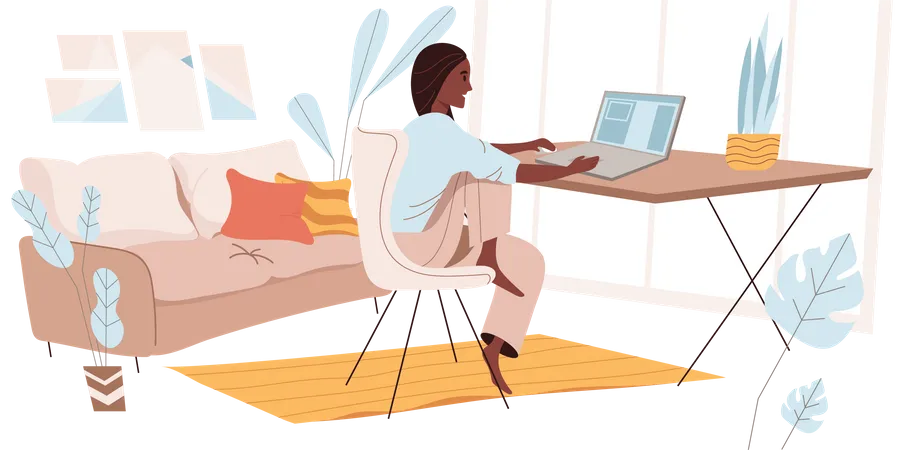 Freelance Working Concept In Flat Design Woman Working On Laptop While Sitting At Desks In Cozy Home Office Doing Remote Work Performing Tasks Online Freelancers People Scene Vector Illustration Illustration