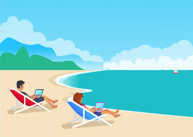 Freelance Young Man And Woman Lying In Red And Blue Loungers On Beach And Working On Computers Cute Seascape And Mountains Small Sea Boat Round Clouds Illustration