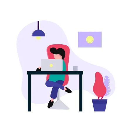 Illustration Of A Man Who Is Doing Freelance In A Room With A Laptop And A Workspace Illustration