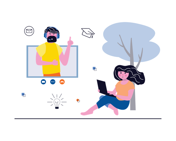 Freelancer attending video call from open workspace  Illustration