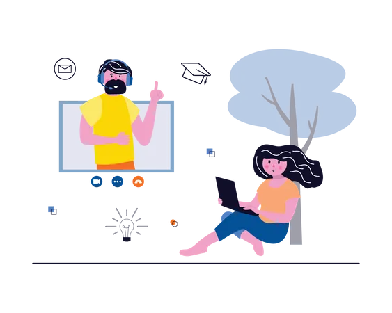 Freelancer attending video call from open workspace  Illustration