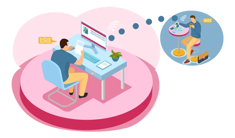 Remote Working And Networks Professional Business Teleworkers Connecting Online And Remote Work From Home For Corporate Company Global Outsourcing Distributed Team Freelance Job Remotely By Leader 일러스트레이션