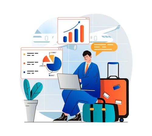 Freelance Working Concept In Modern Flat Design Businessman Working On Laptop While Sitting In Waiting Room At Airport Remote Worker Performs Tasks Online On Business Trip Vector Illustration Illustration