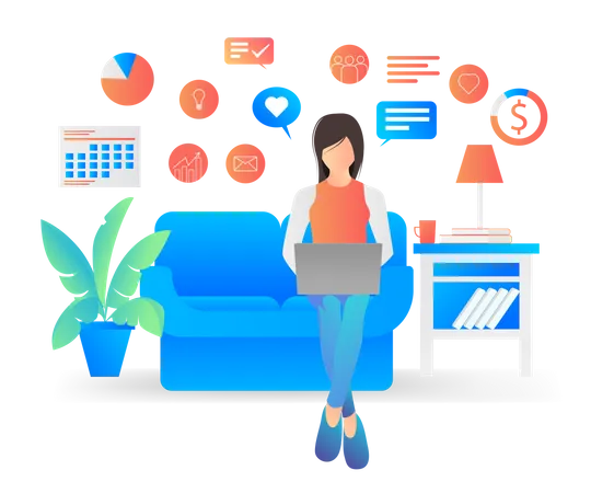 Flat Illustration Of Woman Working At Home With Her Laptop Illustration