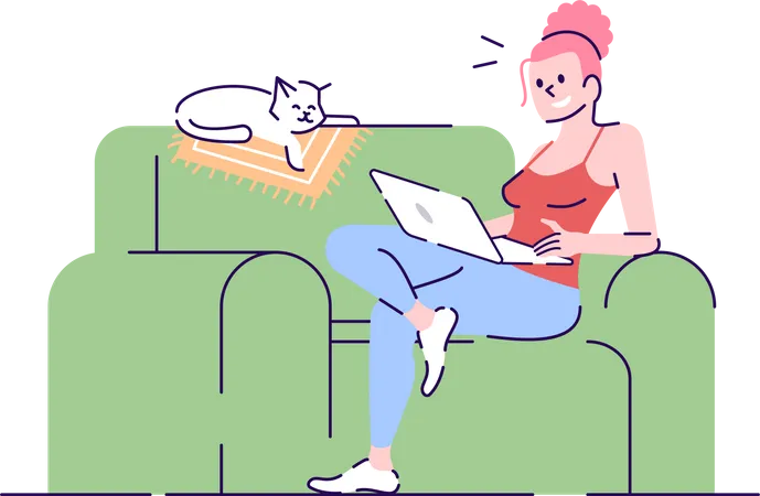 Smiling Woman Relaxing On Sofa With Laptop Flat Vector Illustration Freelancer Work At Home Lady And Sleeping Cat On Couch Isolated Cartoon Characters With Outline Elements On White Background Illustration
