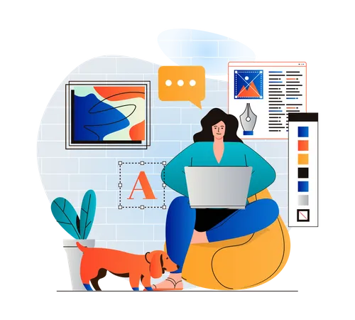 Freelance Working Concept In Modern Flat Design Woman Designer Is Working On Creative Project On Laptop From Home Studio Illustrator Draws Graphic Elements And Performs Tasks Vector Illustration Illustration