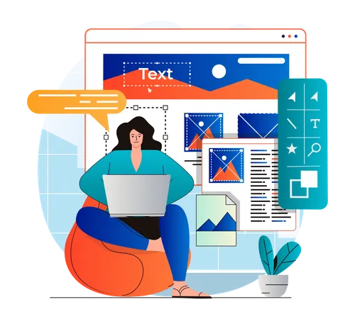 Web Design Concept In Modern Flat Design Woman Designer Create And Optimize Graphic Elements Programming And Testing Developer Creates Interface Layout Working At Laptop Vector Illustration Illustration