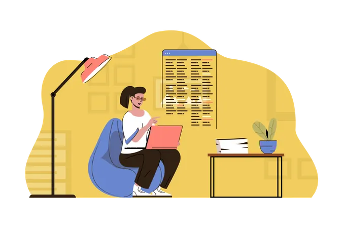 Outsourcing Service Concept Woman Employee Performs Work In Remote Office Situation Project Work Freelance People Scene Vector Illustration With Flat Character Design For Website And Mobile Site Illustration