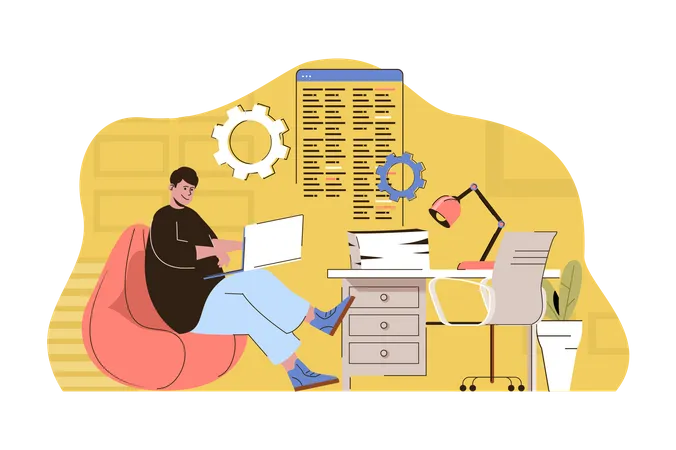 Culture Coworking Concept Employee Or Freelancer Working On Laptop In Office Situation Workplace Organization People Scene Vector Illustration With Flat Character Design For Website And Mobile Site Illustration