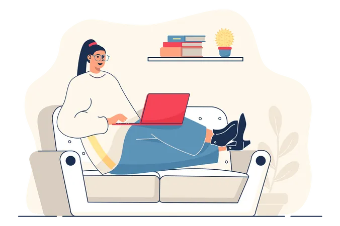 Freelance Working Concept For Web Banner Woman Work At Laptop Sitting At Sofa At Home Remote Employee Online Modern Person Scene Vector Illustration In Flat Cartoon Design With People Characters Illustration