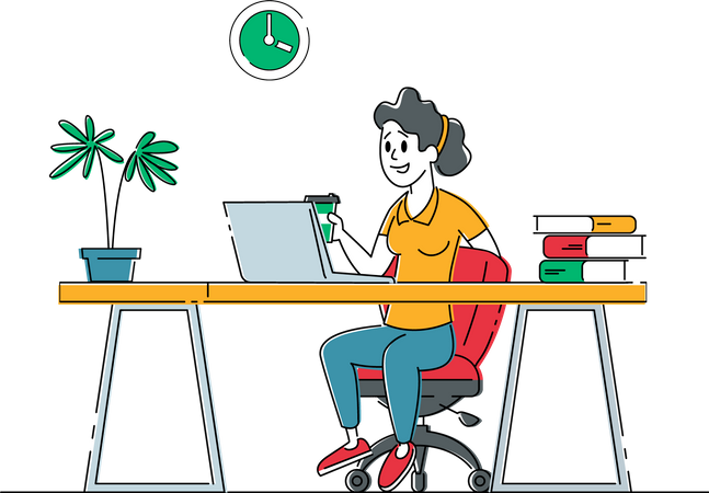 Freelancer Female Working on Laptop with Drinking Coffee Sitting on Desk Illustration