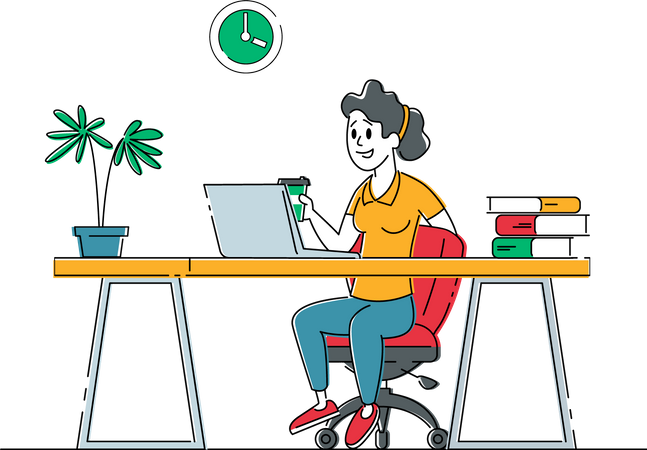 Freelancer Female Working on Laptop with Drinking Coffee Sitting on Desk  일러스트레이션