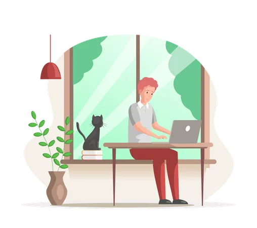 Freelancing Empregado masculino trabalhando em laptop  Ilustração