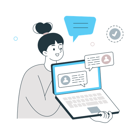 Freelancer Girl showing online chat on laptop  Illustration