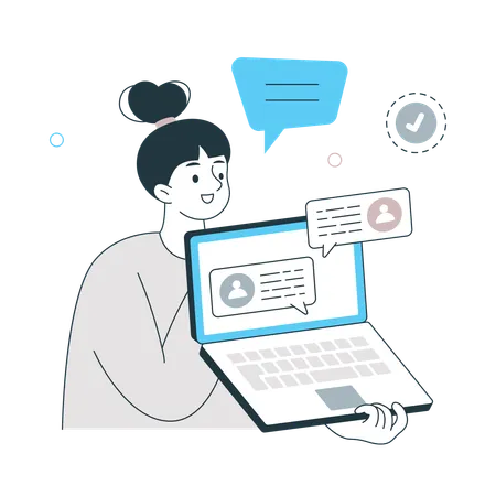 Freelancer Girl showing online chat on laptop  Illustration