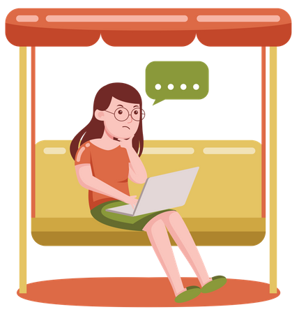 Freelancer girl thinking while working on laptop while sitting on swing  Illustration