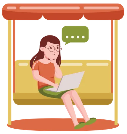 Freelancer girl thinking while working on laptop while sitting on swing  Illustration