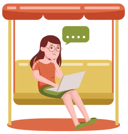 Freelancer girl thinking while working on laptop while sitting on swing Illustration