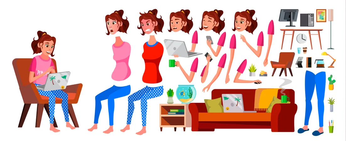 Freelancer Girl Worker Different Body Parts  Illustration