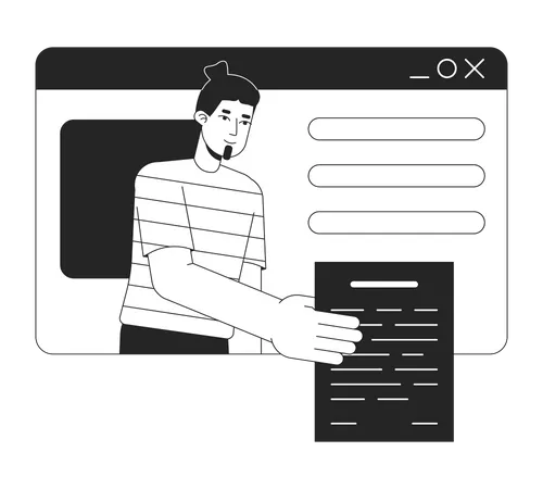 Freelancer Gives Document Bw Concept Vector Spot Illustration Man On Web Page Mockup Background 2 D Cartoon Flat Line Monochromatic Character For Web UI Design Editable Isolated Outline Hero Image Illustration